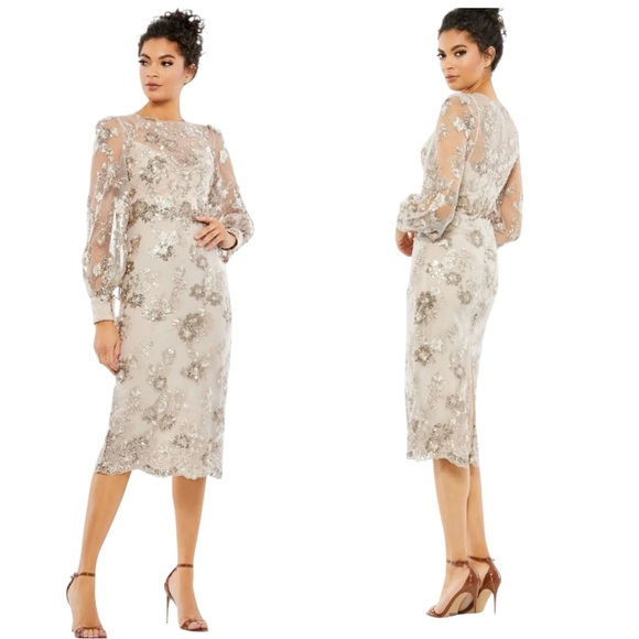Mac Duggal Beige Embellished High Neck Illusion Long Sleeve Midi Dress Size 8